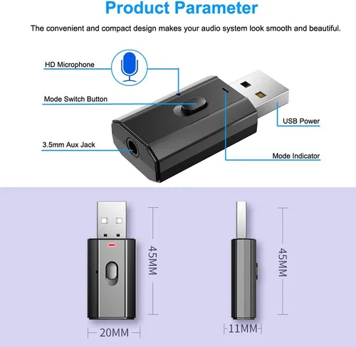Vista 6 de Bluetooth Car Adapter, Mini Bluetooth 5.0 Stereo Transmitter Receiver, Wireless 3.5mm Aux Jack Hands-Free Calls Kit Audio Adapter Built-in Mic for