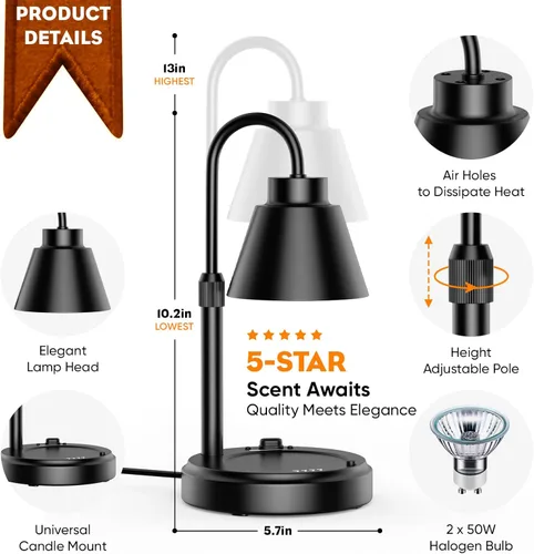 Vista 4 de Candle Warmer Lamp with Adjustable Height, Dimmable Candle Warmer with Timer, Candle Warmer Lamp for Jar Candles with No Flame, Candle Wax Warmer