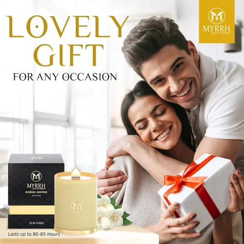 Vista 9 de MyrrhUSA Vela perfumada de jazmín árabe – Cera de soja natural de 15 onzas con mecha de madera agrietada y aceite esencial 80 horas de combustión