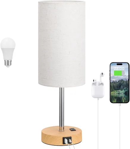 Vista 12 de Dicoool Lámpara táctil de mesita de noche con USB, lámpara de madera regulable de 3 vías para mesita de noche de dormitorio, lámpara de escritorio