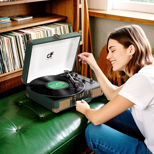 Vista 3 de Tocadiscos de vinilo Bluetooth de 3 velocidades portátil tipo maleta con altavoces integrados, grabación USB de vinilo a MP3, RCA, AUX y salida