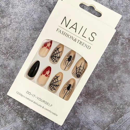 Vista 4 de 24 uñas postizas de Halloween a presión de almendra, medianas, diseño de telaraña, diseño de gotas de sangre, pegamento acrílico, cobertura