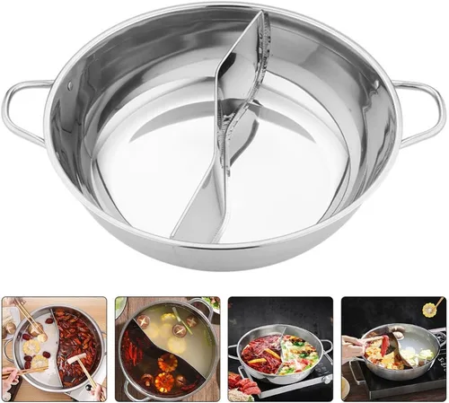 Vista 5 de Olla dividida de doble sabor Shabu Shabu Olla con divisor de doble cara antiadherente caliente 11.0 in dividido caliente para inducción estufa