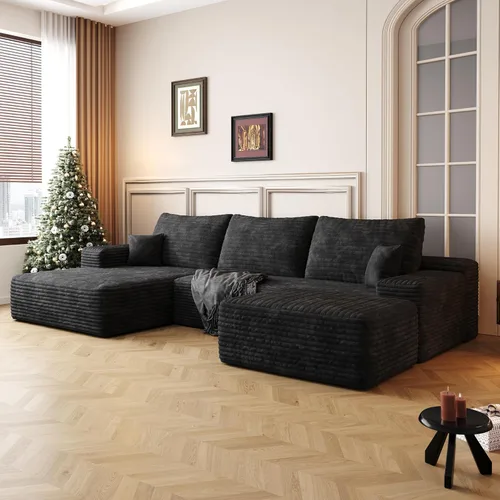 Vista 4 de 107in Modern Minimalist U Shaped Sectional Couches Sofa with Ottoman, Modular Couch Plush Corduroy Fabric Deep Seat Corner Cloud Couch for Living