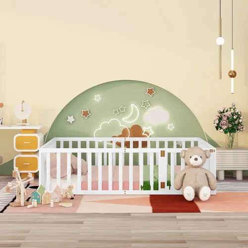 Vista 3 de Cama de plataforma tamaño Queen con valla, marco de cama de piso de madera maciza con puerta, marco de sofá cama tamaño Queen, color blanco