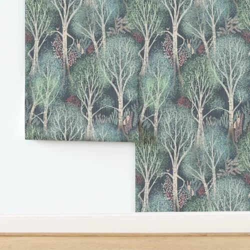 Vista 4 de Spoonflower Fairy Tale Woodland Pre-Pasted Removable Wallpaper Roll 24" x 108" Large Scalehand Drawn Neutral Gray Green Water-activated, simple