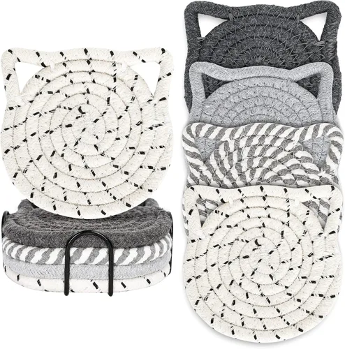 Vista 9 de Whaline Juego de posavasos de invierno con forma de oreja de gato, hechos a mano, trenzados, de algodón, azul, blanco, antideslizantes, absorbentes