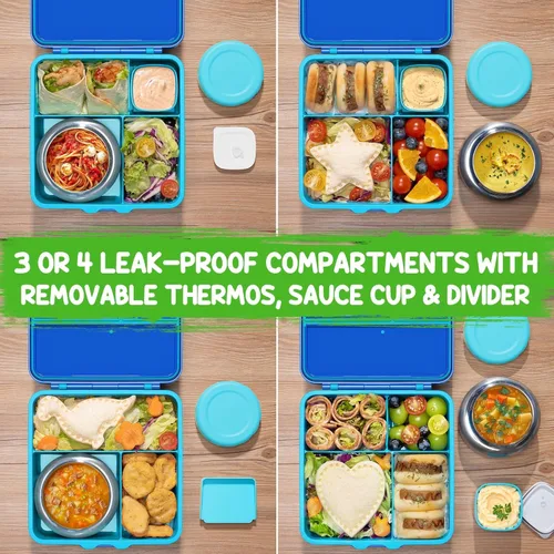 Vista 4 de Fimibuke Lonchera Bento para niños y adultos, recipiente de almuerzo para niños pequeños de 3-4 compartimentos, 60 oz, con frasco de comida aislado