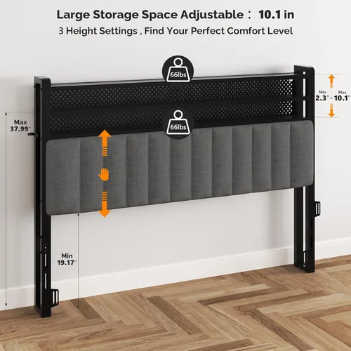 Vista 2 de VINGLI Cabecera de tamaño Queen con almacenamiento y LED, cabecera tapizada ajustable con estantes de 3 niveles y tablero de clavijas, cabecera