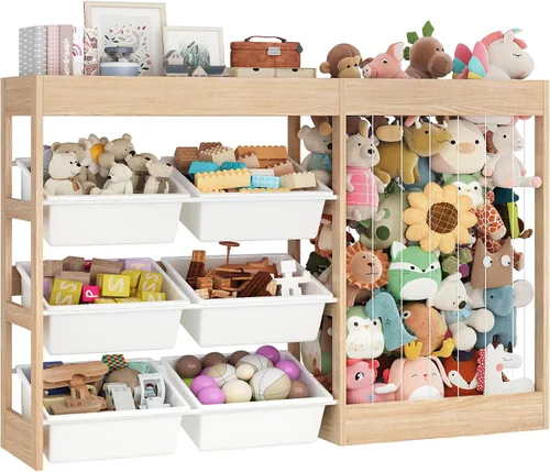Kids Toy Storage Organizer with Stuffed Animal Holder, Wooden