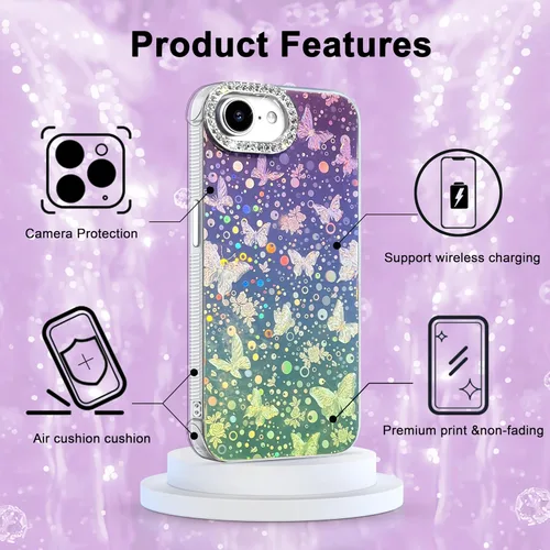 Vista 622 de I-MGAE-IN-AR - Funda diseñada para iPhone 12 y 12 Pro, diseño de mariposa plateada brillante, funda protectora de poliuretano termoplástico, suave