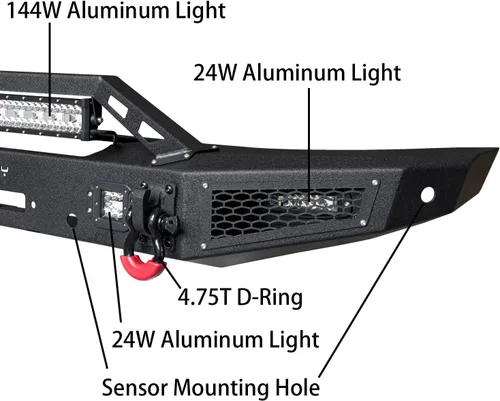 Vista 3 de Bronco - Parachoques delantero Rock Crawler Off Road con placa de cabrestante y 5 luces LED y 2 anillos en D y orificio de montaje para sensor