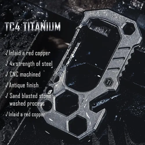 Vista 2 de KeyUnity KU01 Llavero de titanio con mosquetón multiherramienta, soporte para llaves de mosquetón, llaves de tornillo, soporte para brocas