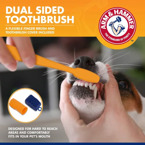 Vista 3 de Arm & Hammer para mascotas kit de 3 piezas para control del sarro para perros, contiene pasta, cepillo de dientes y cepillo para el dedo, reduce