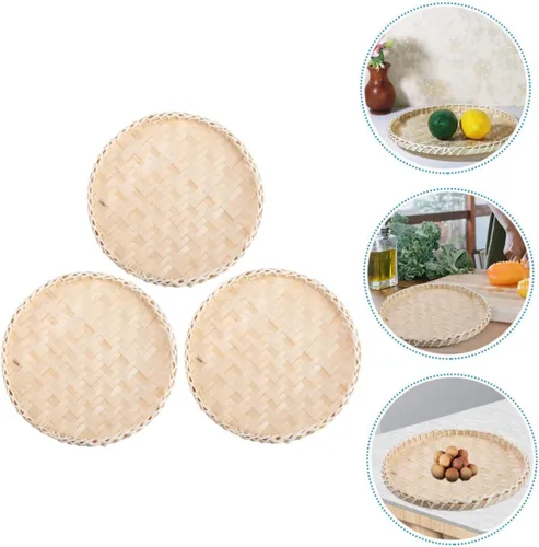 Vista 7 de LABRIMP Bandeja de café de bambú para mesa de frutas, platos de queso tejido, cesta de servir pan, cesta redonda de verduras, bandeja de servir