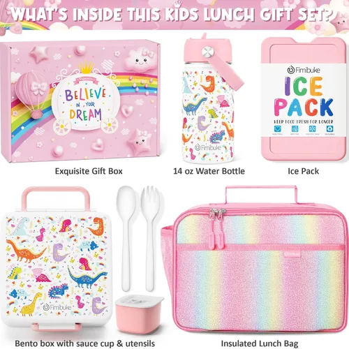 Vista 2 de Fimibuke Lonchera Bento para niños con 4 compartimentos, bolsa de almuerzo aislada, botella de agua aislada de acero inoxidable, paquete de hielo