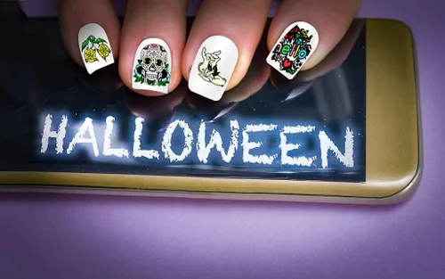 Vista 5 de Juego de 4 placas de estampado de uñas de Halloween, kit de estampado de uñas, calabaza, calavera, murciélago, búho, juego de sellos de uñas