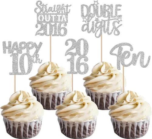 Vista 81 de 30 piezas de decoraciones para pastel de cumpleaños número 10, decoraciones de cupcakes negras con brillo, 10 feliz cumple, directo desde 2016, 10