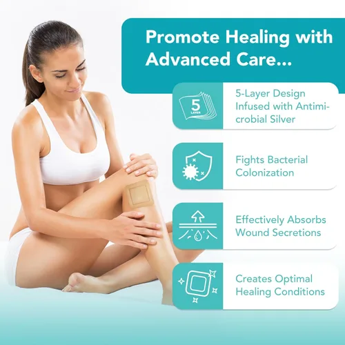 Vista 3 de Vendaje estéril de espuma de silicona para heridas con borde adhesivo de silicona suave impermeable (10 paquetes), almohadillas transpirables ultra