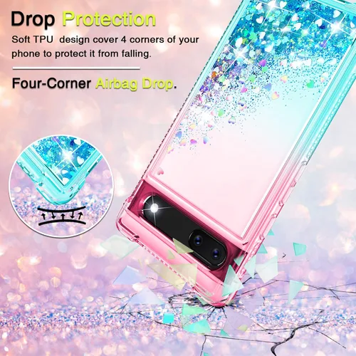 Vista 5 de Gritup Funda para Pixel 6A, funda para Google Pixel 6A con protector de pantalla HD, con purpurina líquida degradada para Google 6A, para niñas