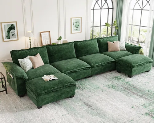 Vista 17 de KKL Sofá cama modular seccional, sofá de nube de 4 plazas con otomana, sofás seccionales de felpilla para sala de estar, apartamento, beige