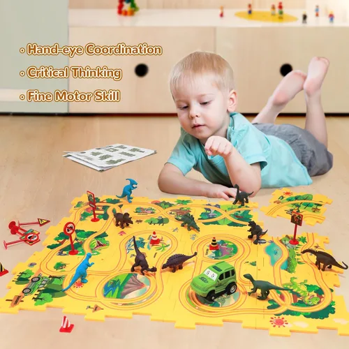 Vista 2 de Juego de Pista de Rompecabezas de Coches con 12 Figuras de Dinosaurios, Rompecabezas de Suelo de Vagón de Plástico para Niños de 3-5 Años