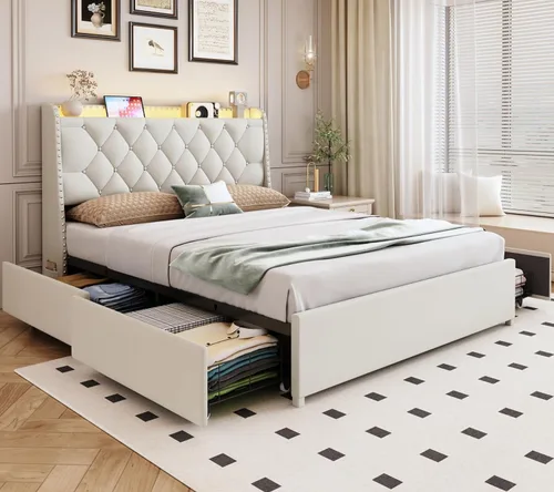 Vista 13 de Base de cama tamaño matrimonial con cabecera de almacenamiento y 2 cajones, base de cama tapizada con luces LED y práctica estación de carga, no Gris