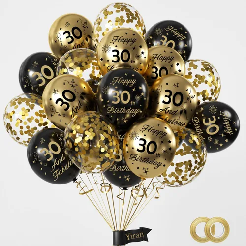 Yiran Globos de cumpleaños de 30 años, globos negros y dorados del número 30, 15 piezas globos de feliz cumpleaños, suministros de decoración de