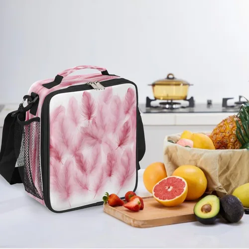 Vista 6 de Flamingo Feather Pattern Kids Lunch Bag, Insulated Lunch Box for School Reusable Lunch Tote with Shoulder Strap Leakproof Waterproof for Boys Girls
