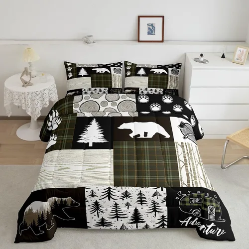Vista 37 de Manfei Juego de Edredón de Siluetas de Animales con Astas de Ciervo Tamaño Full, Juego de Ropa de Cama de Camuflaje con Cuadros Geométricos de 3
