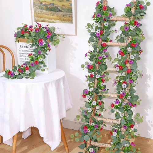 Vista 5 de 12.4FT Artificial Eucalyptus Flowers Garland 2PCS Faux Greenery Home Decor Green and Colorful-2pcs