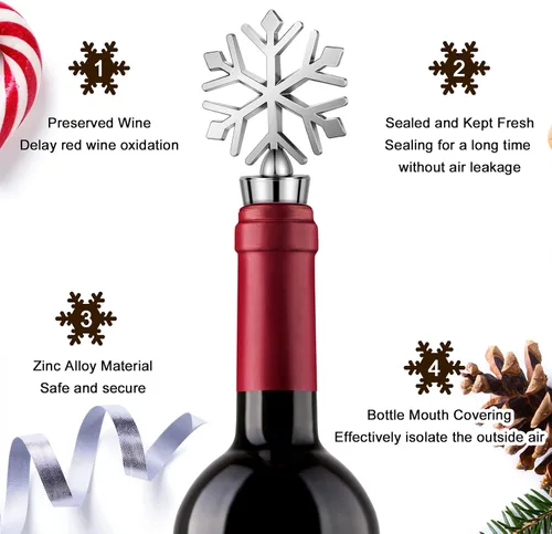 Vista 4 de Hotop 8 tapones de vino con forma de copo de nieve de Navidad a granel, de aleación reutilizable, tapones decorativos de Navidad, tapones
