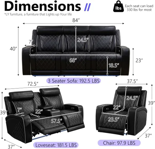 Vista 2 de Juego de sofá reclinable eléctrico, juego de sofá reclinable de cine en casa, sofá biplaza reclinable de cuero transpirable