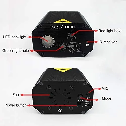 Vista 6 de Luces de fiesta para Dj, discoteca, luz estroboscópica de escenario activada por sonido, varios patrones, proyectores con control remoto