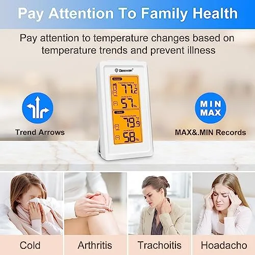 Vista 2 de Geevon Termómetro digital inalámbrico para interiores y exteriores, con retroiluminación LCD, puede recibir señales de 3 transmisores, rango de 200