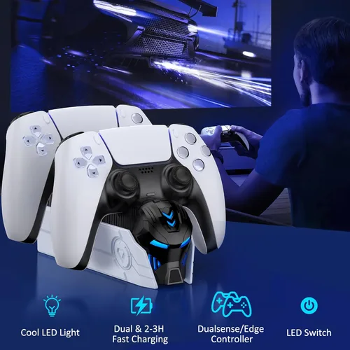 Vista 4 de Estación de carga para controlador PS5 para Playstation 5 Dualsense - Fast PS5 Dual Controller Stand Charger Dock con adaptador de CA, controlador