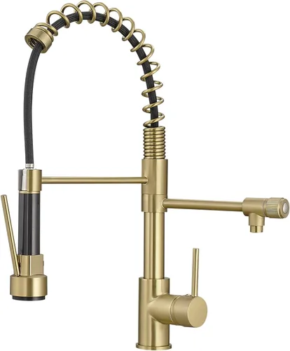Vista 12 de Grifo de cocina extraíble con rociador, Fapully - Grifo de fregadero de cocina comercial negro primaveral con níquel cepillado