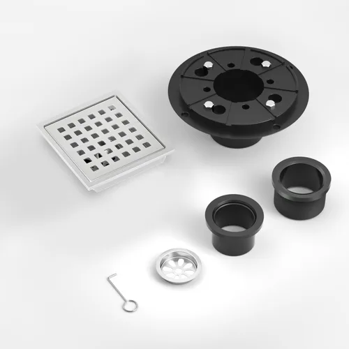 Vista 6 de EXF Drenaje cuadrado de ducha de 4-3/8 pulgadas de níquel cepillado, kit de drenaje para piso de ducha de acero inoxidable con brida ABS, rejilla