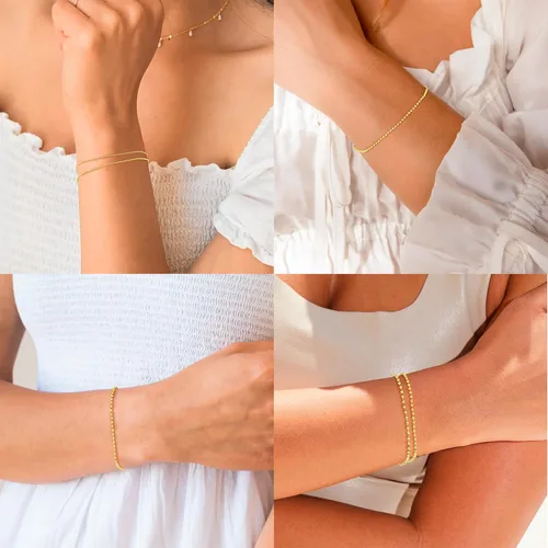 Vista 4 de Pulseras de oro para mujer, juego de pulseras delicadas para mujer, a la moda, pulseras de oro apiladas con cuentas, cubano, clip de papel, corazón