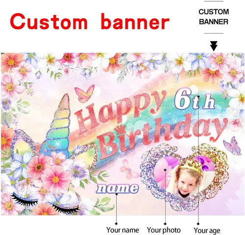 Vista 2 de Decoraciones de cumpleaños de unicornio personalizadas para niñas, pancarta de cumpleaños de unicornio, decoración de cumpleaños de princesa
