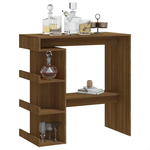 Vista 5 de Brown Oak Engineered Wood Storage Bar Table with Shelves, Rectangular Counter Height Design for Kitchen Island, Dining Room, and Small Spaces