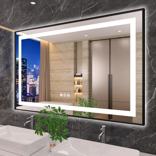 Vista 40 de Amorho Espejo de baño LED de 20 x 28 pulgadas con marco negro, luz frontal y retroiluminación, regulable continuamente, antivaho, a prueba