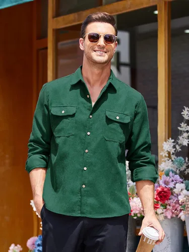 Vista 3 de COOFANDY Camisa de pana para hombre, casual, con botones, chaqueta ligera