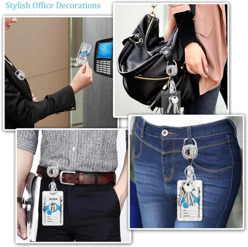 Vista 19 de Portatarjetas con carrete retráctil, funda negra para tarjetas de identificación para niñas con clip de mosquetón, resistente, cubierta protectora