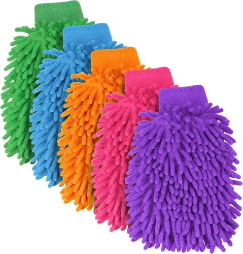Vista 8 de BBTO 5 manoplas de microfibra de chenilla para lavado de auto, guantes absorbentes de doble cara, guantes de secado de microfibra sin remolinos