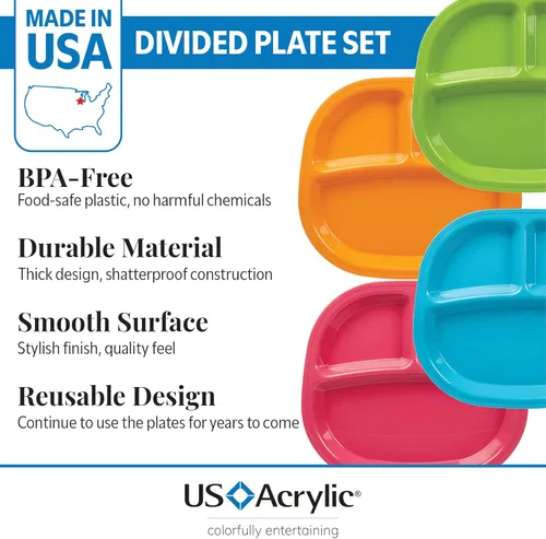 Vista 2 de US Acrylic Harmony - Bandeja de plástico dividida de 3 compartimentos para niños en 4 colores Calypso Juego de 12 platos reutilizables sin BPA