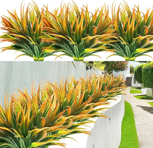Vista 16 de 8 piezas flores artificiales de otoño para decoración al aire libre, plantas artificiales de otoño para exteriores, hierba amarilla artificial