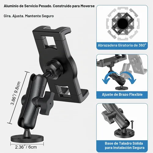 Vista 3 de Soporte de tableta industrial para camión y vehículo, base de taladro resistente, soporte para iPad para automóvil, brazo de aluminio ajustable