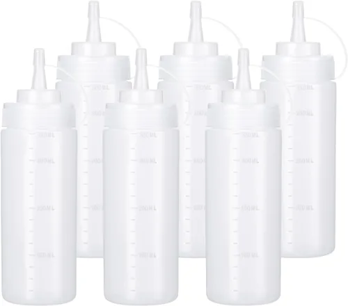 Vista 12 de Botellas Exprimibles para Condimentos Dispensador de Ketchup, Paquete de 4 Botellas Exprimibles de 8oz para Líquidos, Botella de Salsa de Plástico