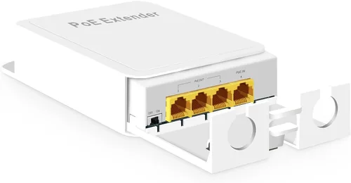 Vista 8 de MokerLink Extensor PoE de 4 puertos para exteriores, IEEE 802.3 af/at PoE repetidor, 10/100 Mbps, 1 PoE en 3 salidas PoE, interruptor de paso POE